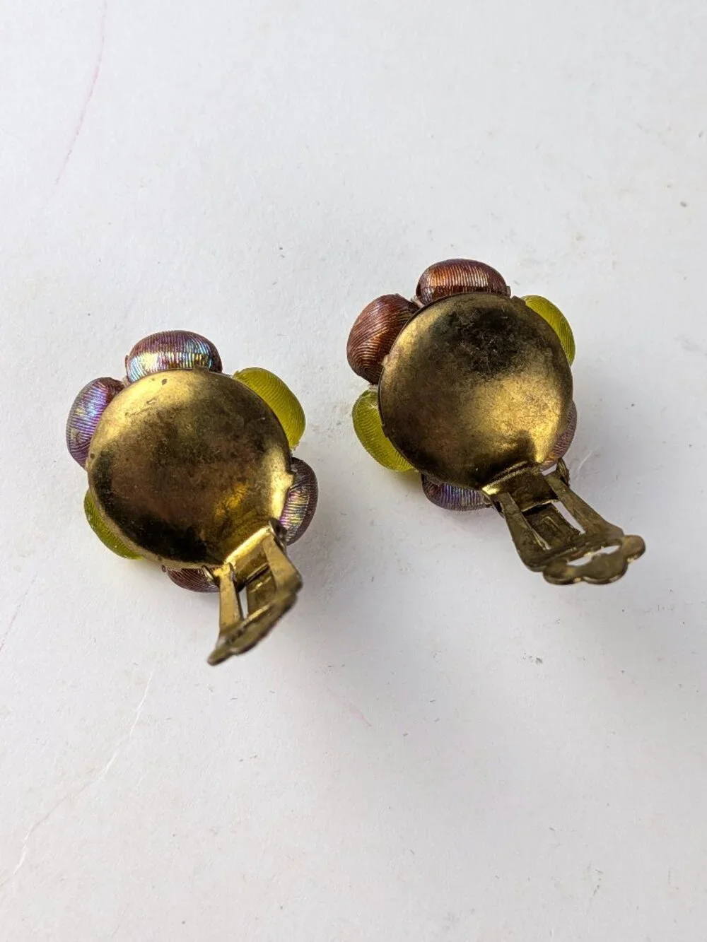 Vintage Iridescent Brown & Lime Green Beaded Clip-On Earrings